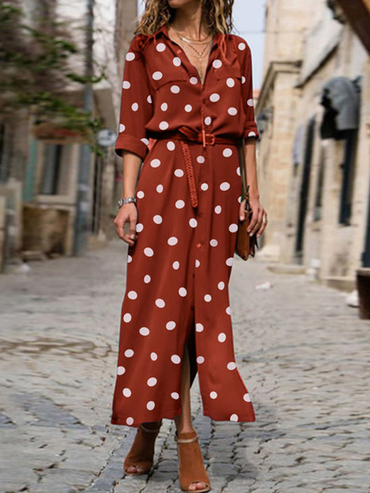 Casual Fashion Polka Dot Print Chic Lapel Long Sleeve Maxi Dress