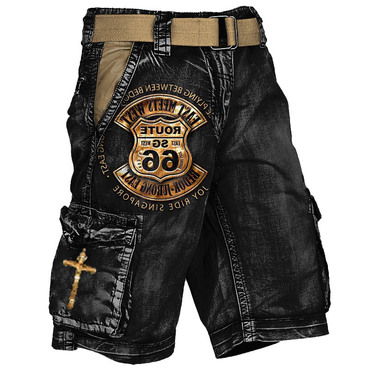 Route 66 Cross Men's Chic Cargo Shorts Vintage Distressed Utility Outdoor Shorts