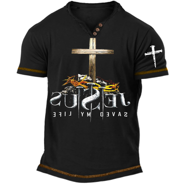 Men's Vintage Jesus Faith Chic Cross Color Block Henley Neck T-shirt
