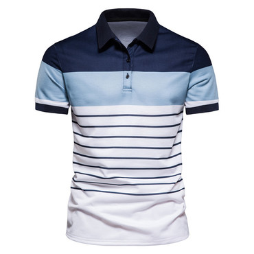 Men's Fashionable Striped Patchwork Chic Contrasting Color Short Sleeved Lapel Polo Shirt