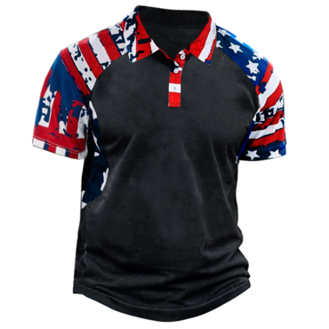 Men's Vintage American Flag Print Chic Daily Short Sleeve Polo Neck T-shirt