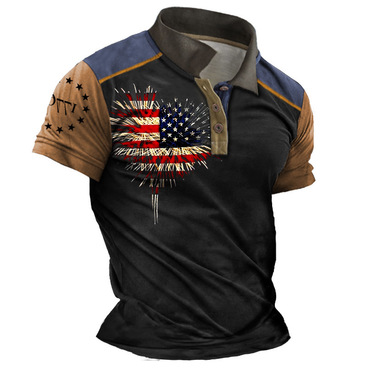 Men's American Flag Independence Chic Day Fireworks 1776 Print Short Sleeve Color Block Polo T-shirt