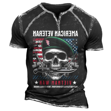 Men's America Army Skeleton Chic Veterans Vintage Print Henley T-shirt