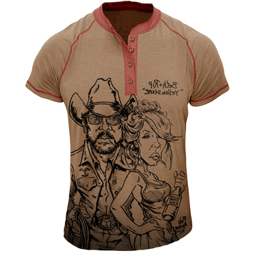 Men's Yellowstone Hand Drawn Chic Patterns Print Collar Color Contrast Short Sleeved Henley T-shirt
