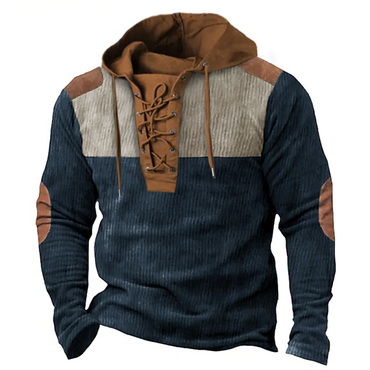 Men's Corduroy Sweatshirt Drawstring Chic Hooded Blue Color Block Elbow Patches Sports Outdoor Daily Holiday Casual Pullover