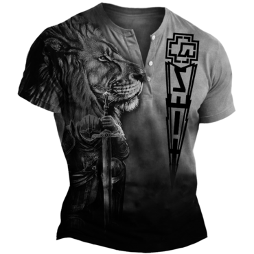 Rammstein Men's Rock Punk Chic Knights Templar Lion Faith Print Henry T-shirt