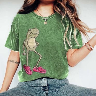 Women's Vintage Cute Frog Chic Embroidery Print Round Neck Short Sleeve T-shirt