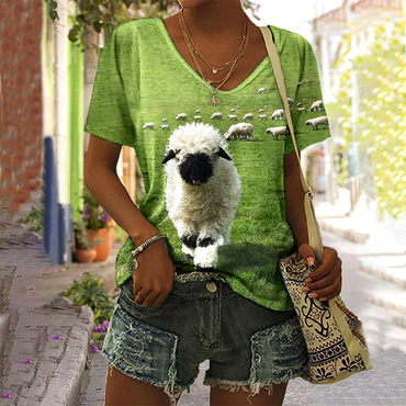 Women's Vintage Greetings From Chic The Stray Sheep Graphic Print Short Sleeve V-neck Casual T-shirt