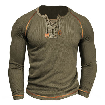 Men's T-shirt Lace-up Vintage Chic Waffle Long Sleeve Outdoor Daily Tops