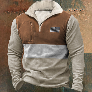 Men's Quarter American Flag Chic Zip Color Contrast Winter Sweatshirt