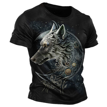 Men's Vintage Wolf Totem Chic Moon Print Short Sleeve Round Neck T-shirt