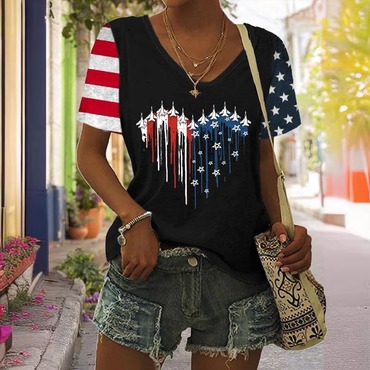 Women's American Flag Independence Chic Day Love Plane Print Short Sleeve V-neck Casual T-shirt