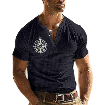 Men's Nautical Compass Print Chic Ice Silk Ribbed Fabric Vintage Solid Color Henley Collar Short Sleeve T-shirt