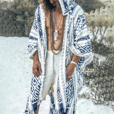 Men's Totem Print Linen Chic Hooded Cape