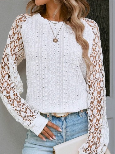 Women's Lace Solid Color Chic Splicing Round Neck Long Sleeve Casual Blouses