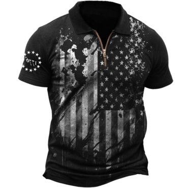 Men's American Flag 1776 Chic Independence Day Print Zip Neck T-shirt