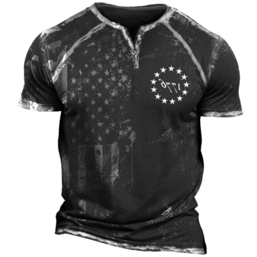 Men's Vintage Distressed American Chic Flag 1776 Independence Day Print Henley Neck T-shirt
