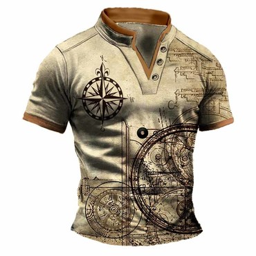 Men's Nautical Compass Steampunk Chic Auto Wheel Vintage V-neck Stand Collar Color Block Short Sleeve T-shirt