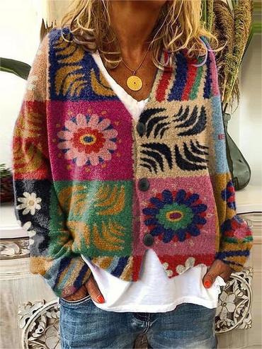 Women's Geometric Floral Color Print Chic V-neck Fleece Knitted Cardigan