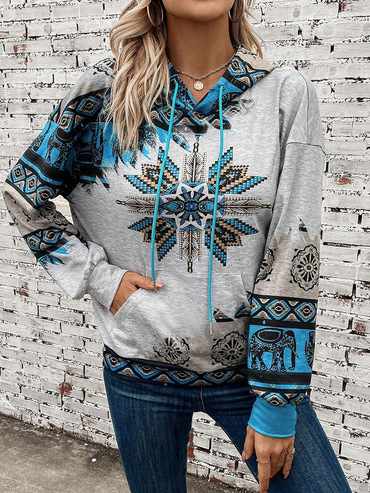 Women's Western Ethnic Print Chic Color Block Hooded Sweatshirt