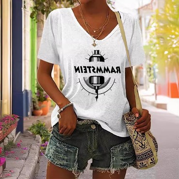 Women's Rammstein Rock Band Print Chic Short Sleeve V-neck Casual T-shirt