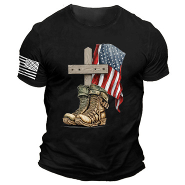 Men's Vintage Memorial Day Chic Cross Boots American Flag Print Daily Short Sleeve Crew Neck T-shirt