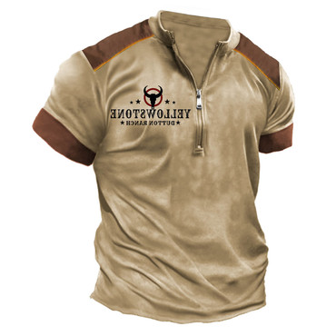 Men's Vintage Yellowstone Color Chic Block Zipper Henley Collar T-shirt