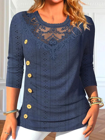 Women's Lace Stitching Chic Mesh Knitted Long-sleeved Top