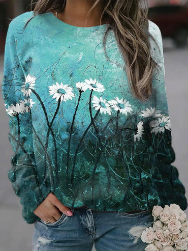 Round Neck Casual Loose Chic Floral Print Sweatshirt