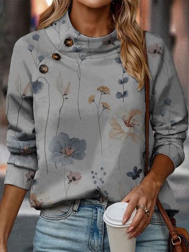 Women's Floral Print Button Chic Stand Collar Sweatshirt