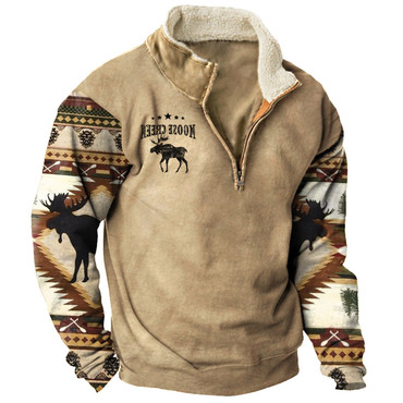 Men's Aztec Sweatshirt Retro Chic Moose Creek Ethnic Print Plush Half Open Collar Pullover
