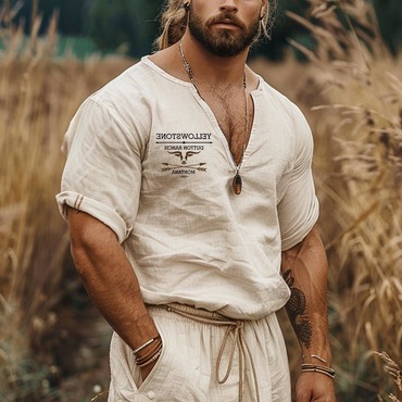 Men's Farm Yellowstone Print Chic Cotton And Linen V-neck Short-sleeve Shirt