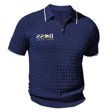 Men's Boss Knit Polo Chic Shirts Short Sleeve Quarter Zip Polo Shirt Waffle Business Casual Daily Tee