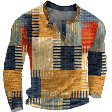Men's Henley T-shirt Vintage Chic 3d Print Color Block Festival Holiday Outdoor Long Sleeve Top