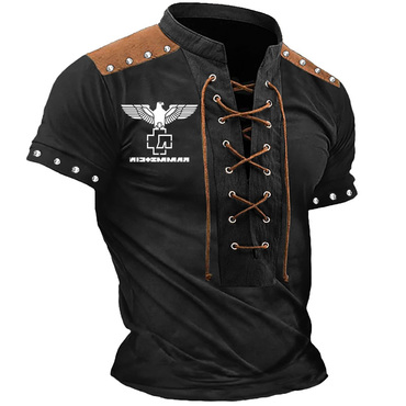 Men's Rammstein Rock Music Chic Studded Outdoor Vintage Color Block Stand Collar Lace Up Short Sleeve T-shirt
