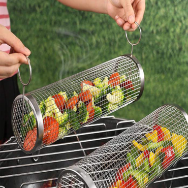 2pc Bbq Grill Fire Chic Round Barbecue Cage Outdoor Bbq Smoke Cage Portable Stainless Steel Barbecue Mesh Rotating Cylinder