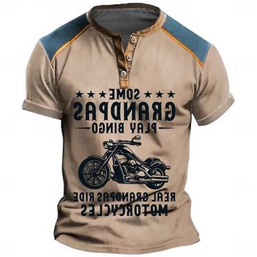 Motorcycle Grandpa Men's T-shirt Chic Henley Vintage Colorblock Summer Daily Tops