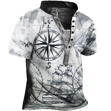 Plus Size Men's Vintage Chic Nautical Map Print Henley Short Sleeve T-shirt