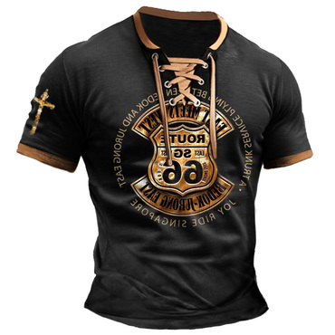 Men's T-shirt Route 66 Chic Cross Vintage Lace-up Short Sleeve Color Block Summer Daily Tops