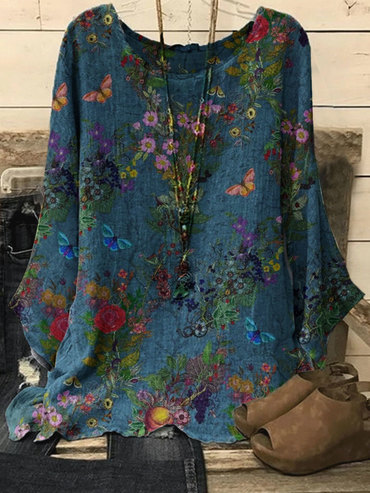 Round Neck Floral Print Chic Casual Loose Long-sleeved Blouse