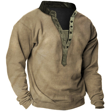 Fleece Sweatshirts Men's Outdoor Chic Vintage Contrast Color Henley Collar Sweatshirt
