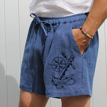 Men's Nautical Compass Printed Chic Drawstring Linen Shorts