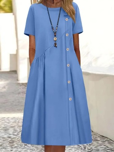 Round Neck Casual Loose Chic Solid Color Button Short Sleeve Midi Dress