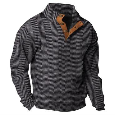 Men's Sweatshirt Herringbone Print Chic Buttons Stand Collar Contrast Color Daily Tops