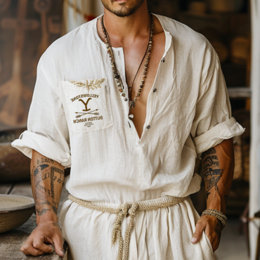 Men's Yellowstone Print Cotton And Chic Linen Farm Short-sleeve Henley Neck T-shirt