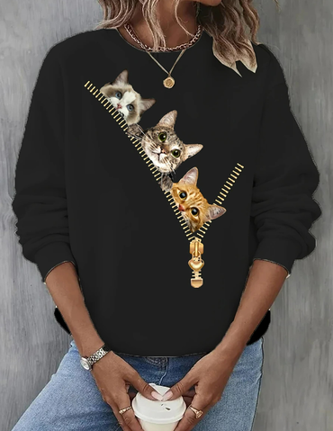 Women's 3d Cute Cat Print Chic Round Neck Long Sleeve Sweatshirt