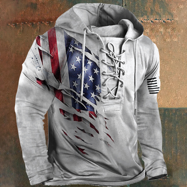 Men's Vintage American Flag Print Chic Lace-up Hooded Long Sleeve T-shirt