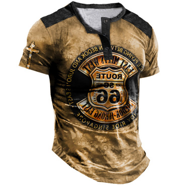 Route 66 Cross Men's Chic Henley T-shirt Vintage Distressed Color Block Daily Tops