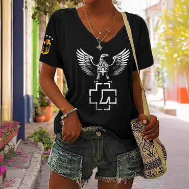 Women's Rammstein Rock Band Chic German Flag Print Short Sleeve V-neck Casual T-shirt
