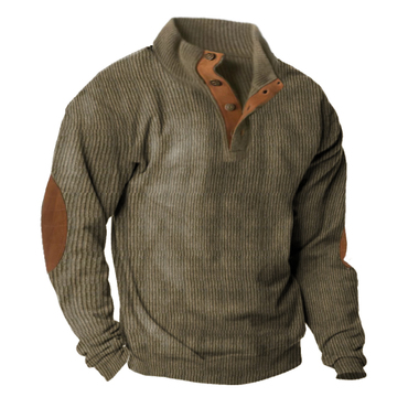 Cotosen Original Design Men's Chic Corduroy Sweatshirt Elbow Patch Sweatshirt Outdoor Casual Stand Collar Long Sleeve Sweatshirt
